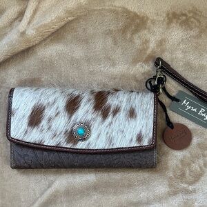 Myra Bag Brown and White Cowhide Wallet with Turquoise Concho
